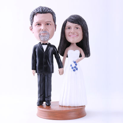 Picture of Custom Bobblehead Doll: Black Suit Groom and White Dressed Bride on Wedding